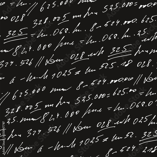 Handwritten abstract text and numbers vector seamless pattern, vector monochrome script isolated on blackboard background, mathematics and accounting backdrop