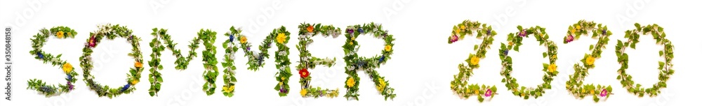 Flower, Branches And Blossom Letter Building German Word Sommer 2020 Means Summer 2020. White Isolated Background