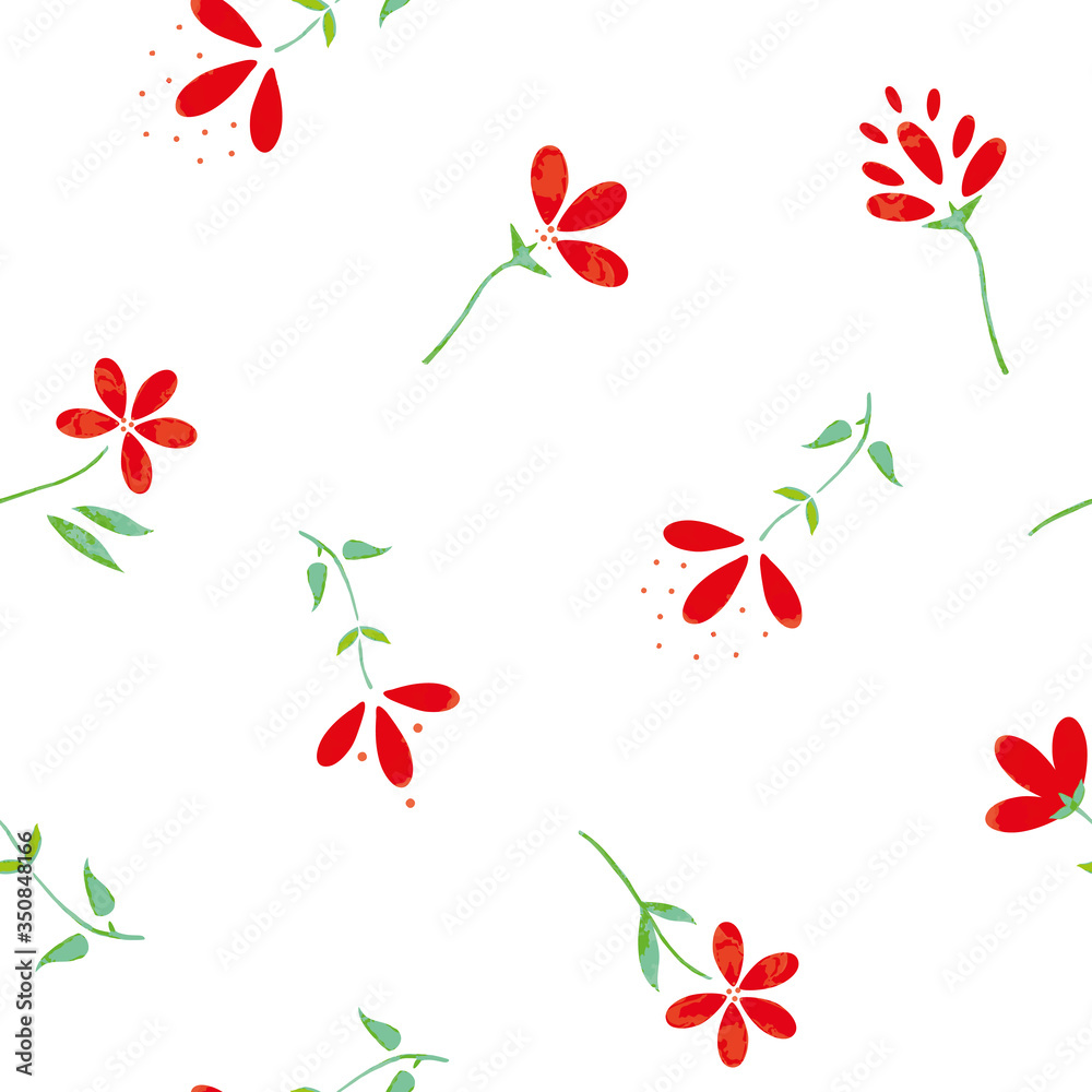 Obraz premium Vector Petit Red Watercolor Wild Florals on White seamless pattern background. Perfect for fabric, scrapbooking and wallpaper projects.
