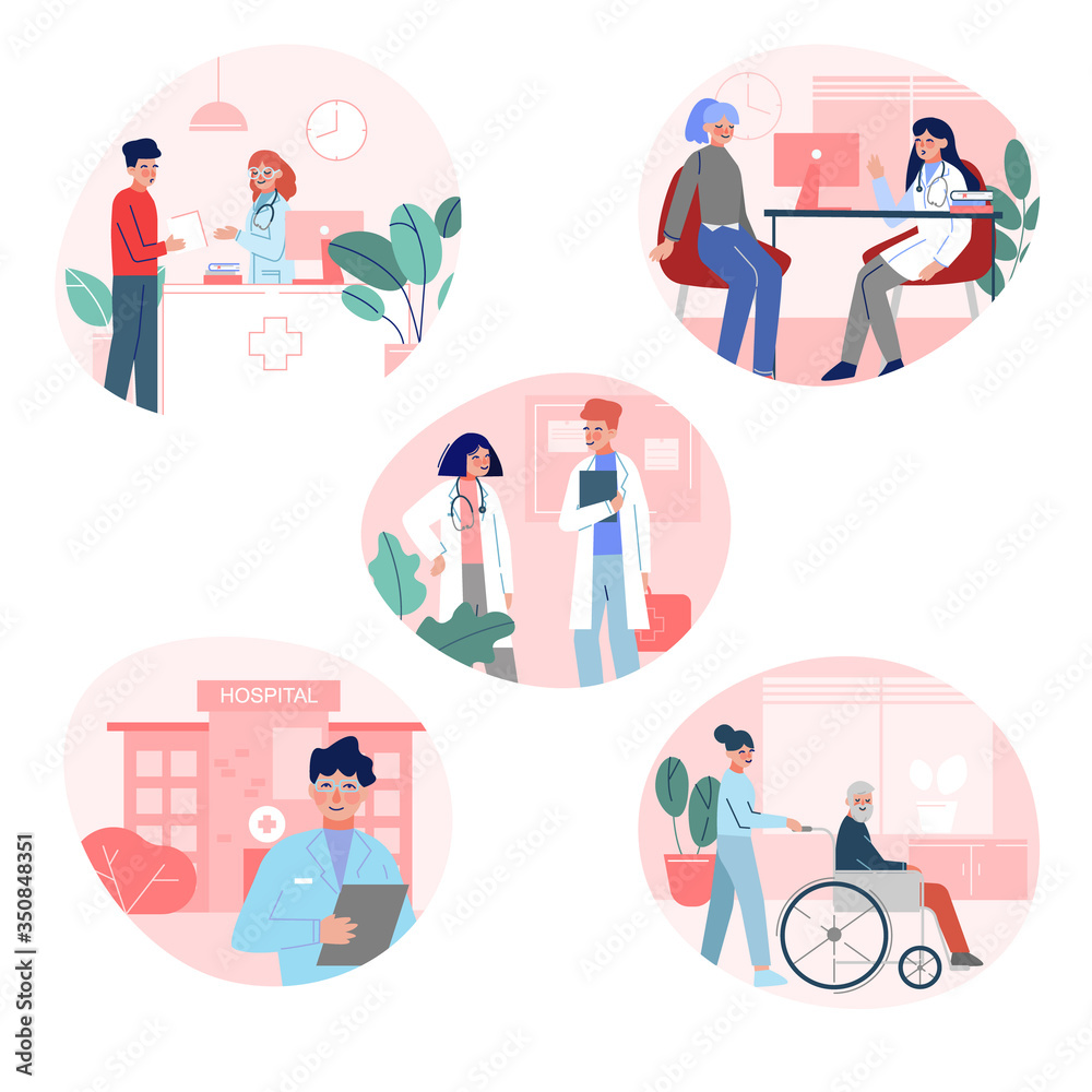 Fototapeta Doctors Checking Up and Consulting Patients in Hospital Office, Medical Treatment and Healthcare Vector Illustration