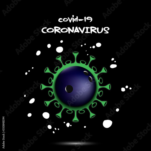 Coronavirus sign with bowling ball. Stop covid-19 outbreak. Caution risk disease 2019-nCoV. Cancellation of sports tournaments. The worldwide fight against the pandemic. Vector illustration