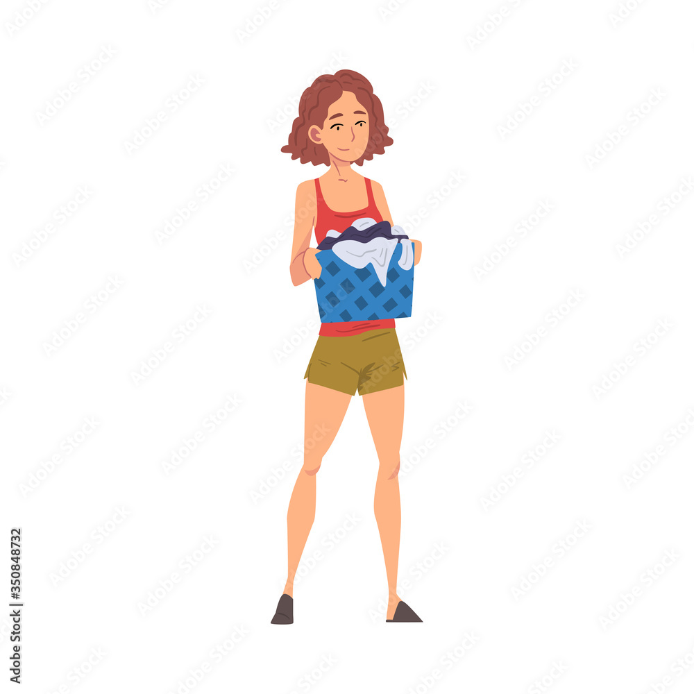 Young Woman Holding Laundry Basket, Housewife Character Household Activity, Housekeeping, Everyday Duties and Chores Cartoon Vector Illustration Young Woman Holding Laundry Basket, Housewife Character Household Activity, Housekeeping, Everyday Duties and Chores Cartoon Vector Illustration