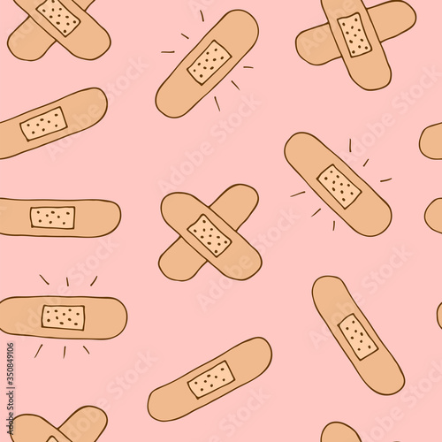 Sticking plaster vector seamless pattern, hand drawn band-aid isolated on pink background