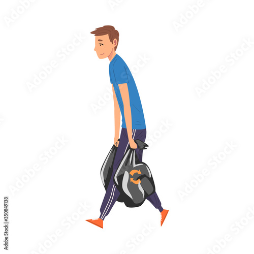 Man Carrying Plastic Garbage Bags, Household Activity, Housekeeping, Everyday Duties and Chores Cartoon Vector Illustration