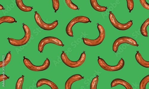 Hand drawn marker food illustration. Seamless pattern with fried meat sausages on green background. Healthy breakfast in the morning. Cooking concept