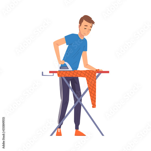 Man Ironing Clothes on Iron Board, Household Activity, Housekeeping, Everyday Duties and Chores Cartoon Vector Illustration