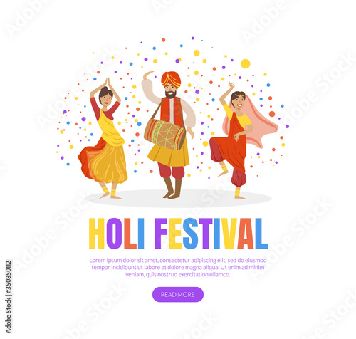 Holi Festival Landing Page Template, Indian Spring Festival, Travel Website, Mobile Application Vector Illustration