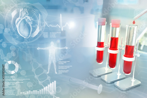 test tubes in microbiology facility - blood sample gene test for covid-2019 or anemia, medical 3D illustration with creative overlay
