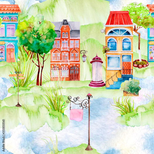 Seamless texture. Illustration Watercolor city.