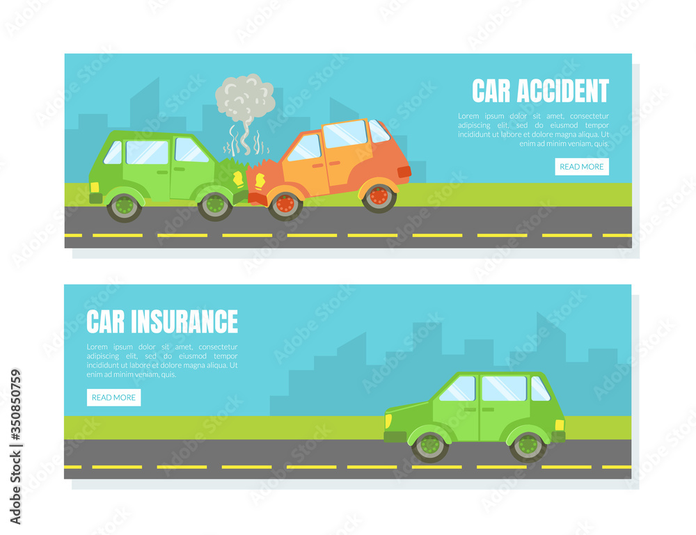 Car Accident Landing Page Template Set, Car Inuranse, Assistance and Service Online Web Page, Mobile App Vector Illustration