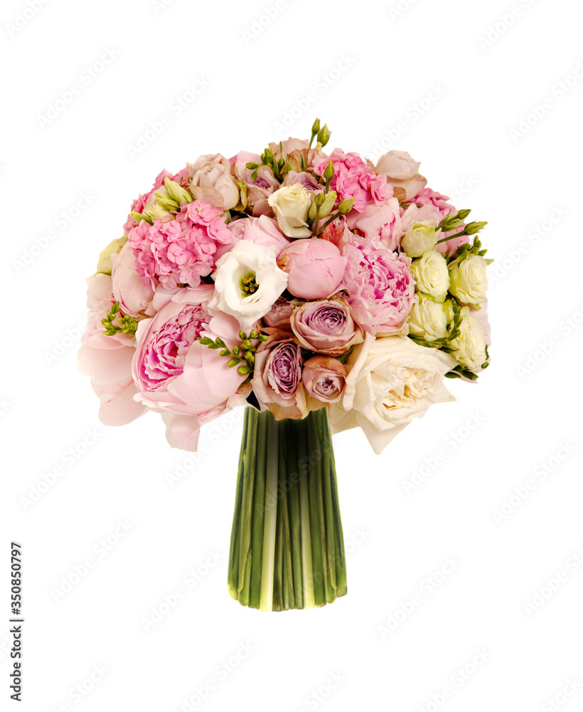 Fototapeta premium pink wedding bouquet with roses and peony isolated on white