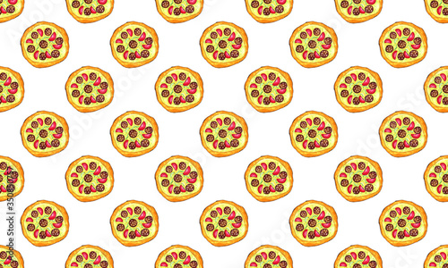 Hand drawn marker food illustration. Seamless pattern with Italian pizza on white background. Popular junk food. Pizzeria delivery service