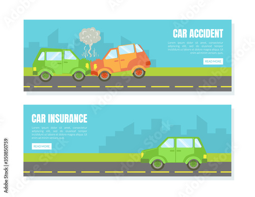 Car Accident Landing Page Template Set, Car Inuranse, Assistance and Service Online Web Page, Mobile App Vector Illustration