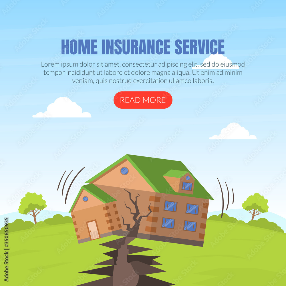 Obraz Szablon strony docelowej usługi ubezpieczenia domu, ochrona strony internetowej budynku, ilustracja wektorowa aplikacji mobilnej