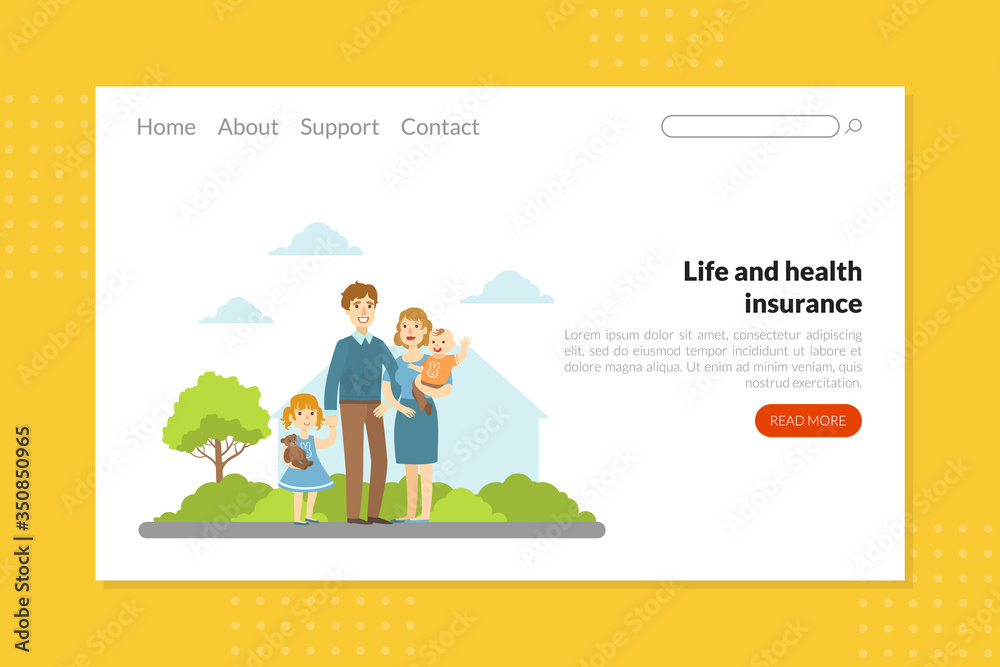 Life and Health Insurance Landing Page Template, Family and Property Protection Vector Illustration