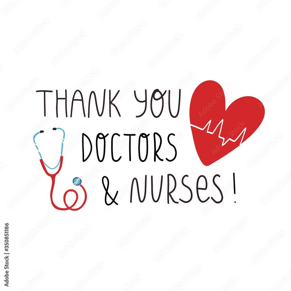 Thank you doctor and nurses hand lettering text, heart with cardiogram ...