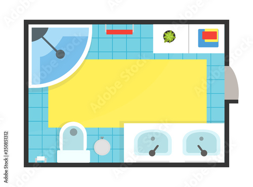 Bathroom Modern Interior, Top View of Detailed Plan for Apartment or Family House Vector Illustration