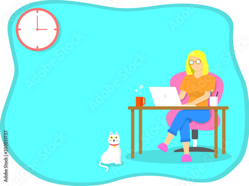Work from home, Home office, study from home concept. Woman wear glasses siting on chair and working on laptop with copy space.
