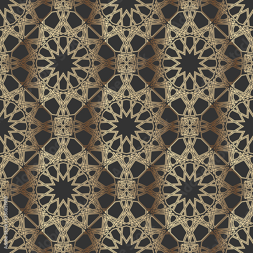 Arabic gold with black geometric seamless patterns. Endless repeating linear texture for wallpaper, packaging, banners, invitations, business cards, fabric print.