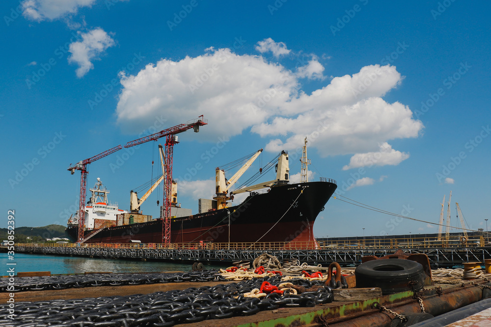Fototapeta premium Big ship moored on huge floating dock with cranes for repair in shipyard.