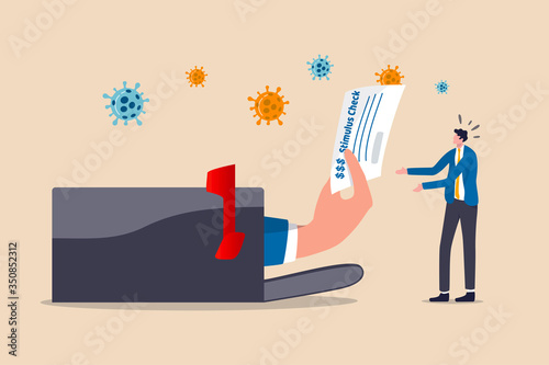 Government give stimulus check money to all citizen people for economic stimulus in COVID-19 Coronavirus outbreak crisis, government hand giving stimulus check from post box to unemployed business man