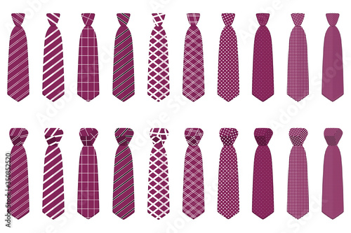 Illustration on theme big set ties different types, neckties various size