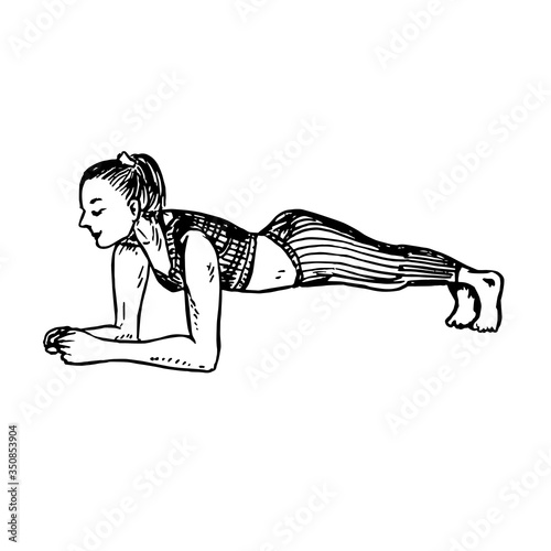 Girl planking  side view isolated  hand drawn doodle  drawing in gravure style  sketch illustration