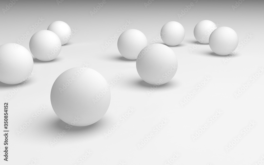 White abstract background. Set of white balls isolated on white backdrop. 3D illustration