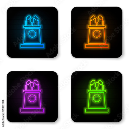 Glowing neon Stage stand or debate podium rostrum icon isolated on white background. Conference speech tribune. Black square button. Vector