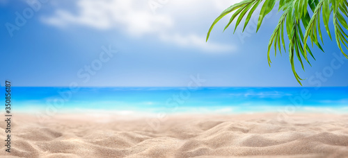 Fototapeta Naklejka Na Ścianę i Meble -  A summer vacation, holiday background of a tropical beach, blue sea, white clouds and green palm tree leaves.