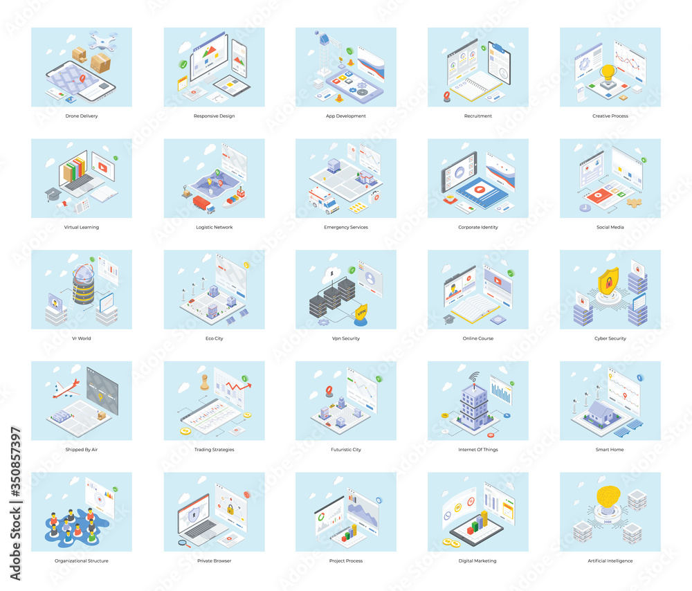 
Modern Detailed Isometric Illustrations Pack 
