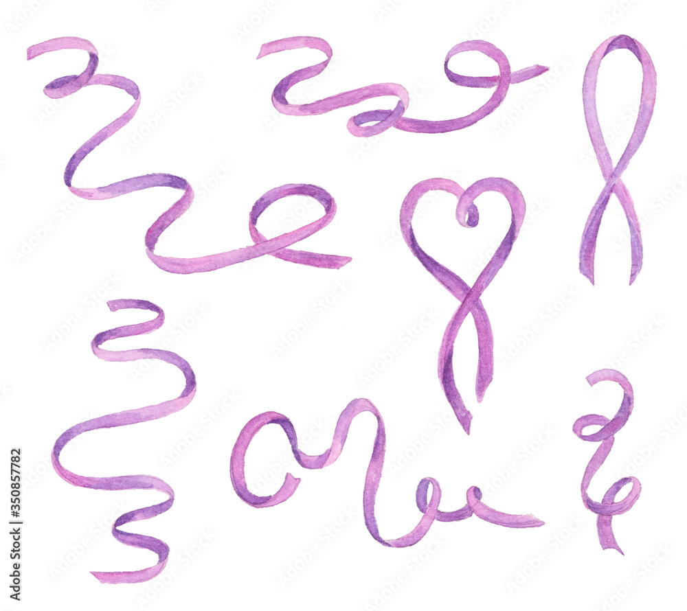 Set of watercolor purple ribbons isolated on white background. Set of watercolor purple ribbons isolated on white background.