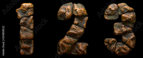 Set of rocky numbers 1, 2, 3. Font of stone on black background. 3d