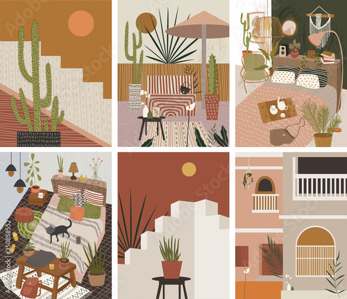 Abstract interior in the home soulful boho style. atmosphere of magic and tranquility. Vector graphics