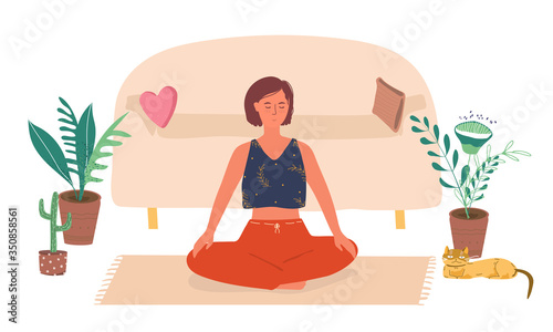 A young woman is meditating at home. The concept of mental and psychological health. Mindfulness. Vector flat illustration in cartoon style.