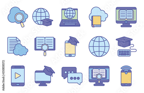 Education online line and fill style icon set vector design