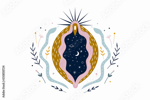 abstract image of a vagina. outer space, planets, moon and stars. snake tempter and plant herbs. printing on fabric and paper. radical femenism. vector