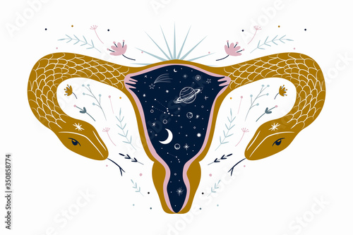 abstract image of a vagina. outer space, planets, moon and stars. snake tempter and plant herbs. printing on fabric and paper. radical femenism. vector