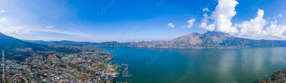 Panoramic aerial view of the volcanic Lake Batur in Bali, Indonesia