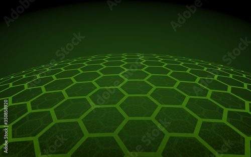 Multilayer sphere of honeycombs  yellow on a dark background  social network  computer network  technology  global network. 3D illustration
