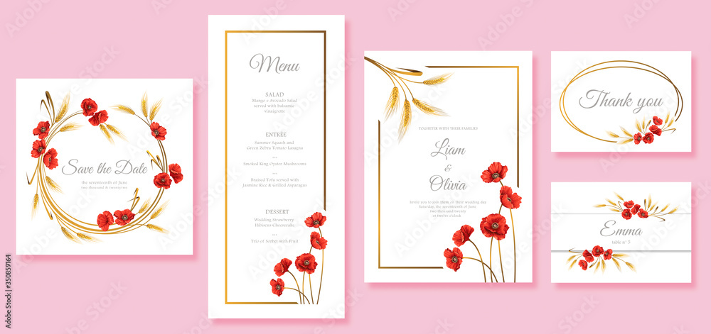 Vector Elegant Wedding Invitation Set, save the date, thank you, Menu, table number, card design template. Summer flowers. Poppies and Wheat. 