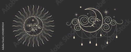 Vintage retro vintage engraving style. image of the sun and moon phases. culture of accultism. Vector graphics
