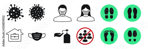 A collection of icons about coronavirus or covid-19. Wearing a mask. Hand washing. Work at home. Footprints for social distancing. Avoid being in crowded areas. Isolated, white background.