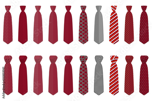 Illustration on theme big set ties different types, neckties various size