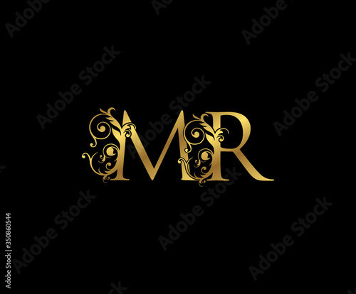 Luxury Gold M, R and MR Letter Floral logo. Vintage Swirl drawn emblem for weeding card, brand name, letter stamp, Restaurant, Boutique, Hotel.