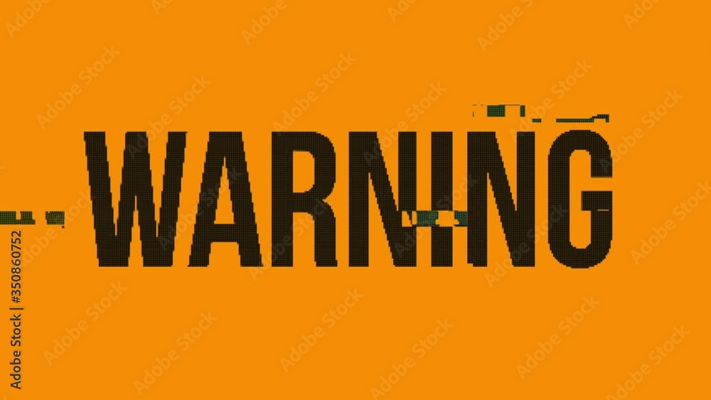 Inscription warning rotating in glitch distortion style. Digital abstract motion background. Modern art concept with video damage, noise pixel elements. 3d animation.