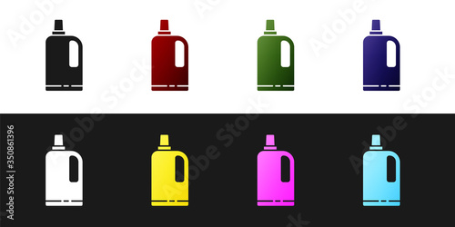 Set Fabric softener icon isolated on black and white background. Liquid laundry detergent, conditioner, cleaning agent, bleach. Vector