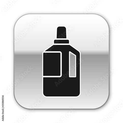 Black Fabric softener icon isolated on white background. Liquid laundry detergent, conditioner, cleaning agent, bleach. Silver square button. Vector