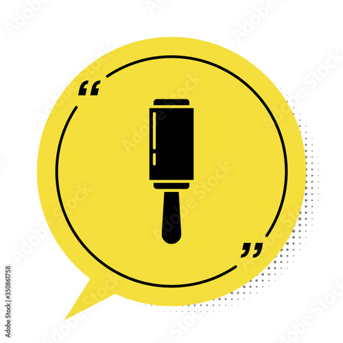 Black Adhesive roller for cleaning clothes icon isolated on white background. Getting rid of debris, dust, hair, fluff, pet wool. Yellow speech bubble symbol. Vector
