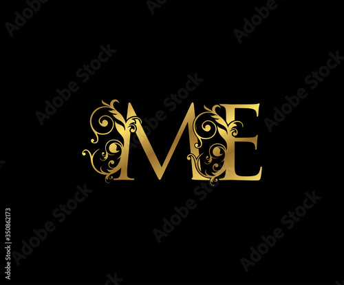 Luxury Gold M, E and ME Letter Floral logo. Vintage Swirl drawn emblem for weeding card, brand name, letter stamp, Restaurant, Boutique, Hotel.
